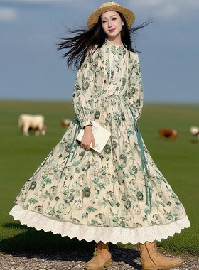 【绿笺】文艺绿色印花连衣裙女秋季新款衬衫袖精致蕾丝花边大摆裙