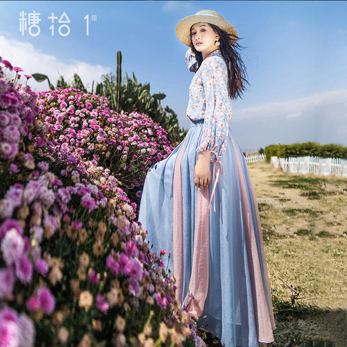 复古立领偏襟开衫拼色半身裙套装
