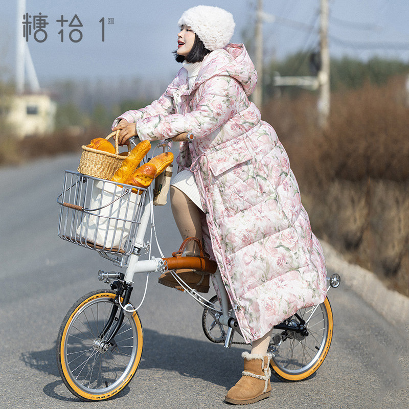 【繁花之境】连帽印花长款羽绒服女2025年冬季加厚白鸭绒系带外套
