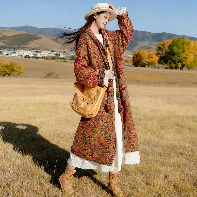 【织织不倦】文艺复古针织连帽开衫女秋季中长款宽松休闲毛衣外套