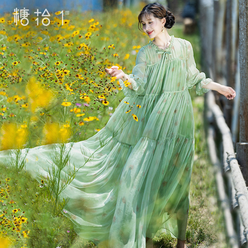 【葱蔚洇润】文艺木耳边领拼接连衣裙女夏季精致浪漫印花宽松长裙,女装/女士精品,连衣裙,淘宝优惠券,粉丝福利购,淘宝优惠卷