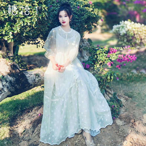 复古开衫式连衣裙女2025夏季长裙