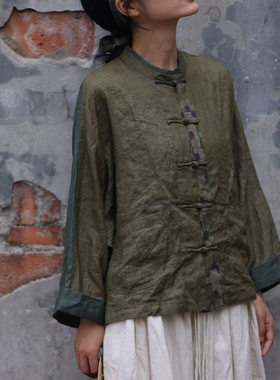 荼-立领盘扣做旧宽松休闲苎麻长袖上衣35619
