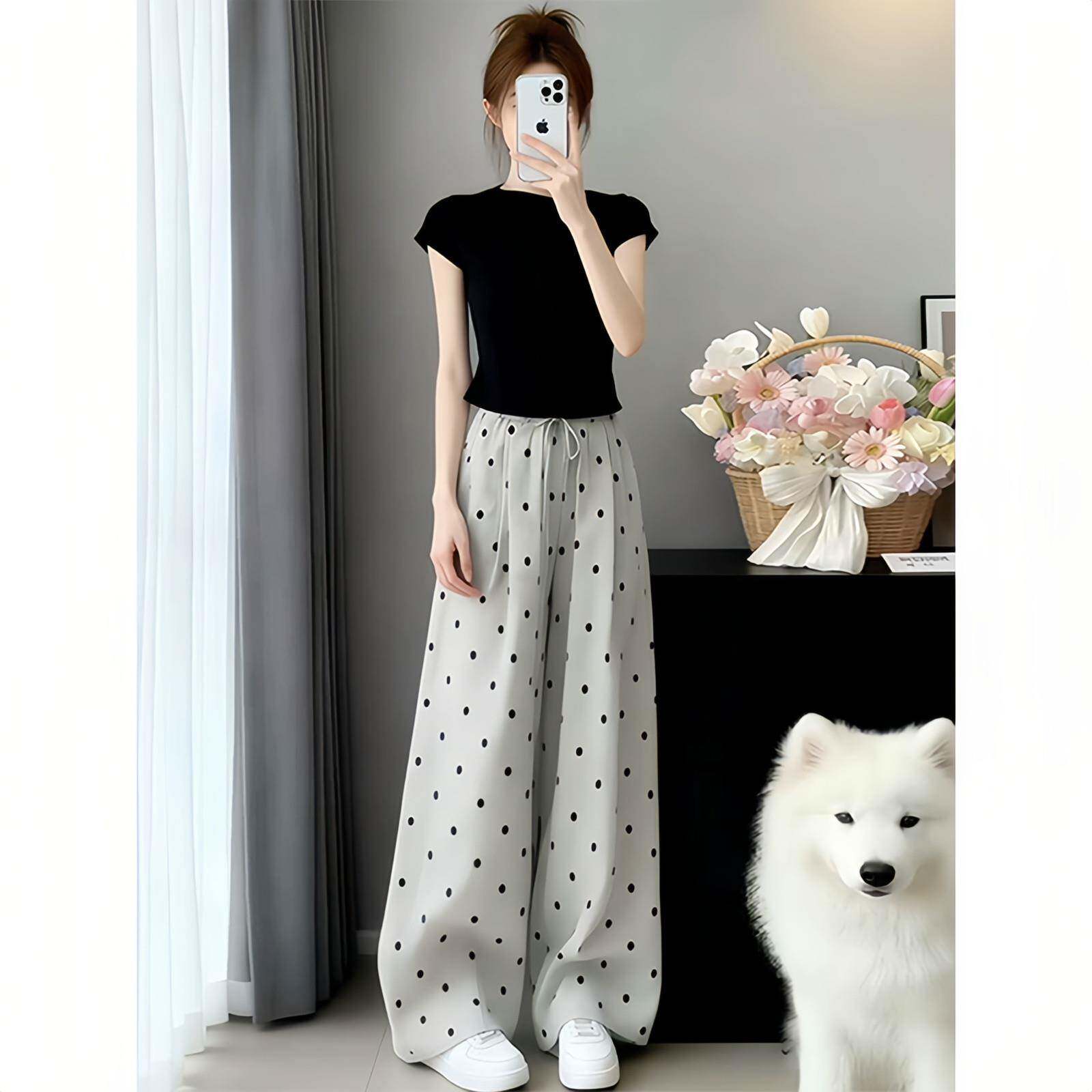 韩系巨好看两件套女2026夏季新款纯色短袖t恤波点阔腿裤减龄套装
