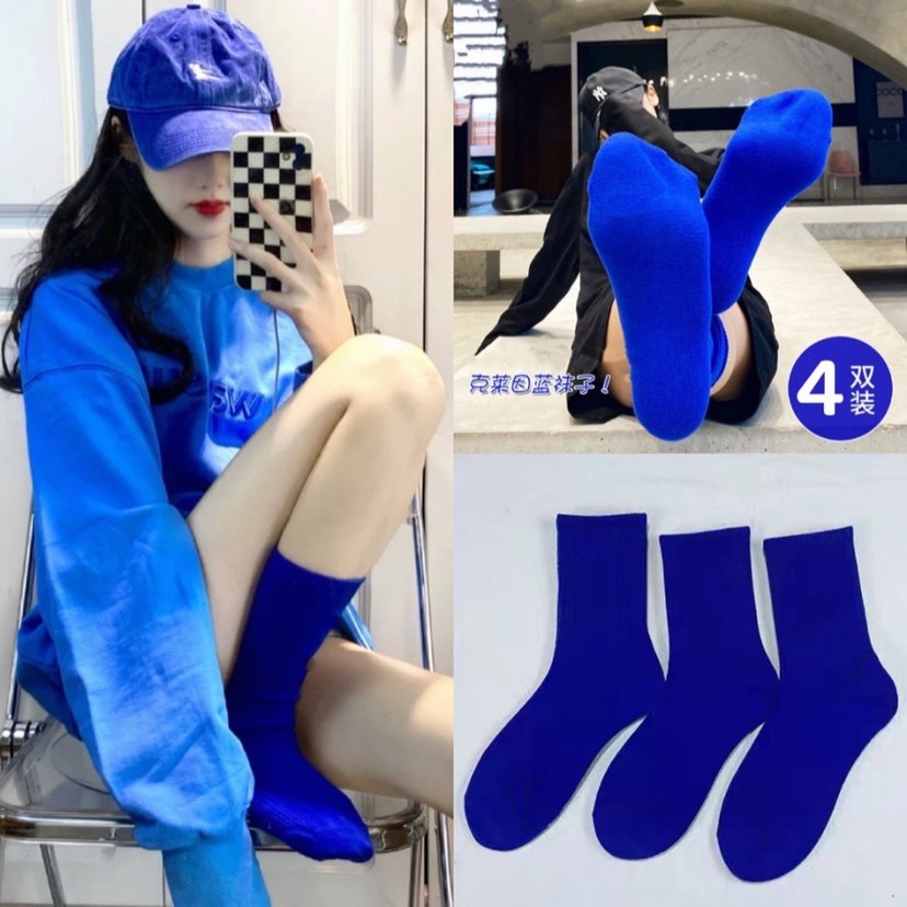 克莱因蓝袜子女潮网红款春秋外穿ins运动搭鲨鱼裤的宝蓝色中筒袜