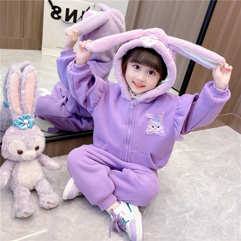 어린 소녀의 패셔너블한 인터넷 연예인 플러스 벨벳 가을 겨울 정장 3세 여자  캐주얼 두꺼워진 투피스 패션 겨울 정장 5