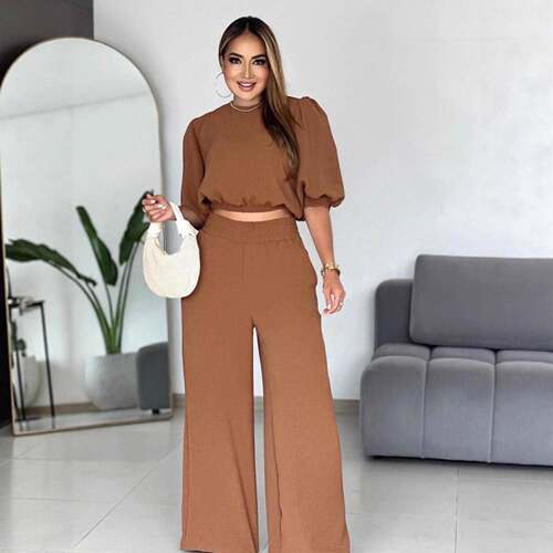 Women's 2PCS Set: Loose Round Neck Mid-Sleeve Top & Straight