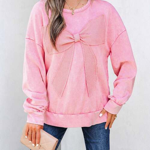 Mineral Wash Big Bow Patchwork Loose Fit Drop Shoulder Long