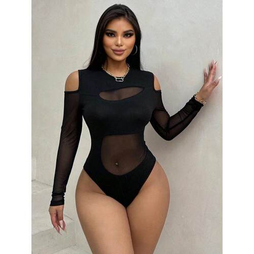 Mesh Patchwork Solid Color Jumpsuit Slim-Fitting Sexy