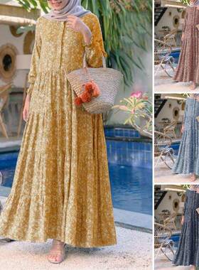 Ditsy Floral Print Long Sleeve Tunic Modest Style Dress
