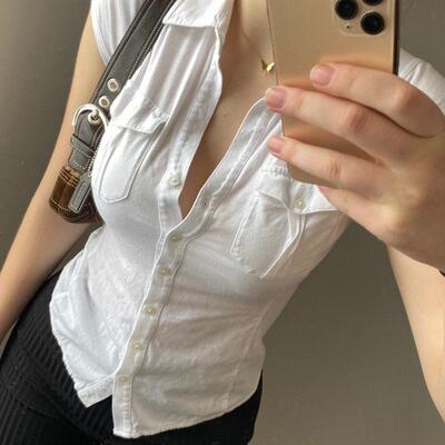 Women's White Short Sleeve Casual Collared Button Down Crop