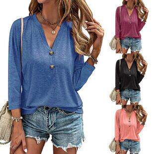 Women's V-Neck Button Front Casual Top Plain Fitted Design