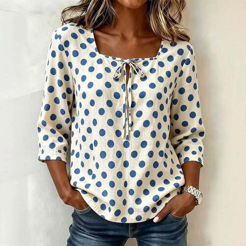 Women's Polka Dot Printed Shirts Notched Collar V Neck
