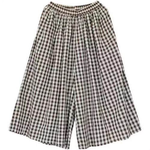 Women's New Plus Size Cotton-Linen Plaid Wide-Leg Pants