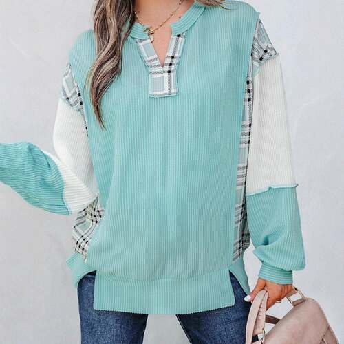 Women's Corded Texture Plaid Colorblock Patchwork Split Neck