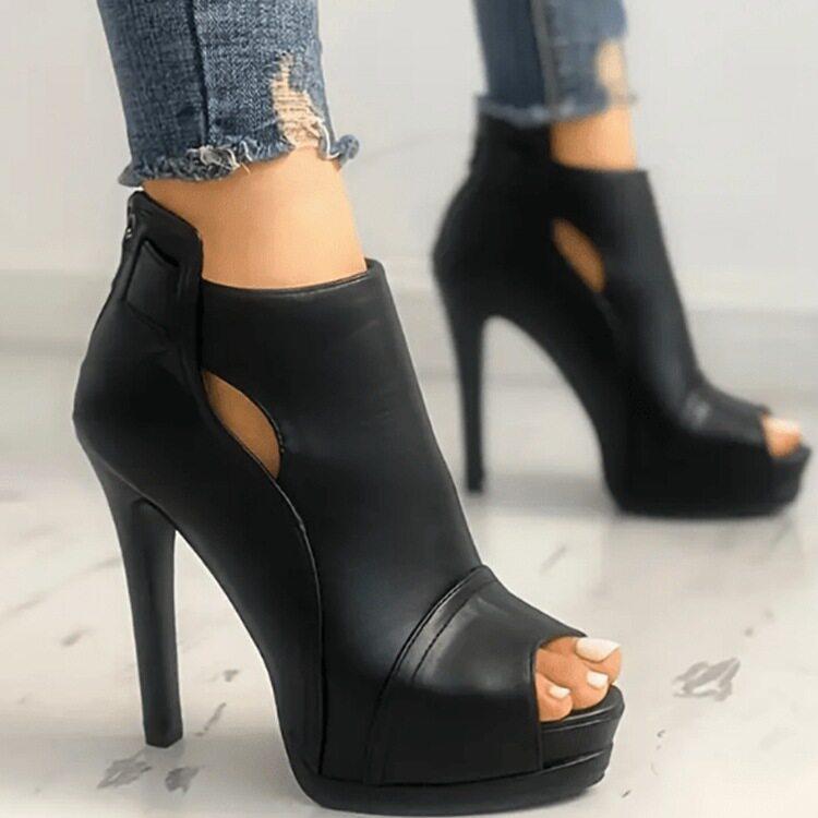 Women's Peep Toe High Heel Ankle Boots Black Cut-out Back