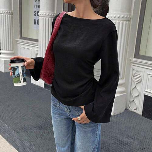 Women's Solid Color Basic Boat Neck Fitted Flare Long Sleeve