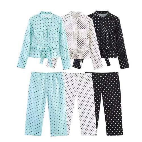 Polka Dot Pants Sets for Women 2 Pieces Mid Waist Capri
