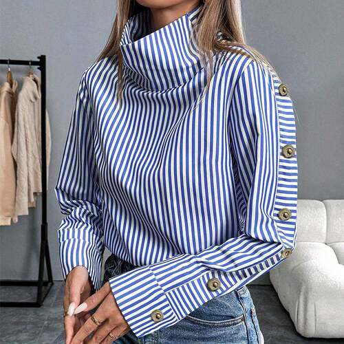 Women's French Striped Casual Everyday Long Sleeve Button-Up