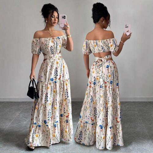Plus Size Women's Floral Print Dress Loose Fit One Shoulder