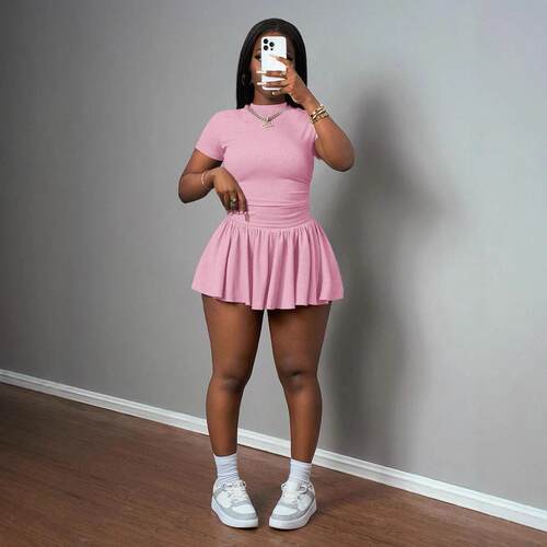 Women's Casual Sporty 2-Piece Set - Short Sleeve Stretchy