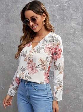 One women's floral-print V-neck long-sleeved shirt  great