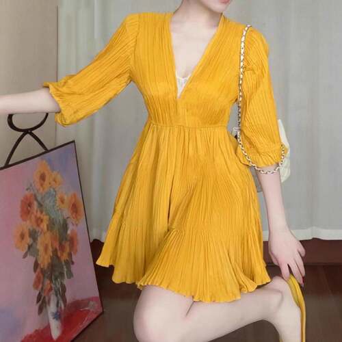 2026 Spring Women Casual Dress Solid Color V Neck Elegant