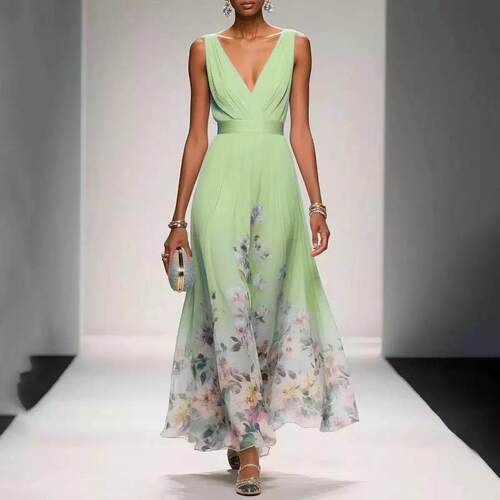 LikeMychoice Elegant Floral Print V-neck Maxi Dress Women's