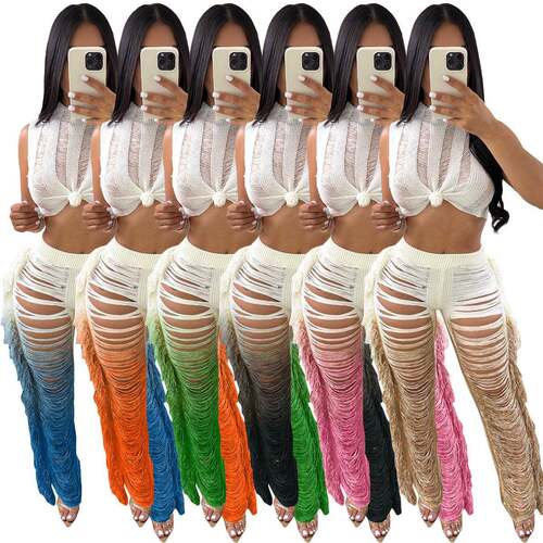 Elegant Two-Piece Set for Women Gradient Color Crochet Crop
