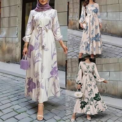 Elegant Women's Floral Print Dress Elastic Waist Patchwork