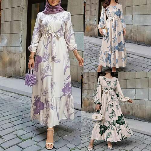 Elegant Women's Floral Print Dress Elastic Waist Patchwork