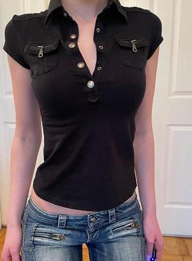 Women's Plain Flap Pocket Button Tee Casual T-shirt for