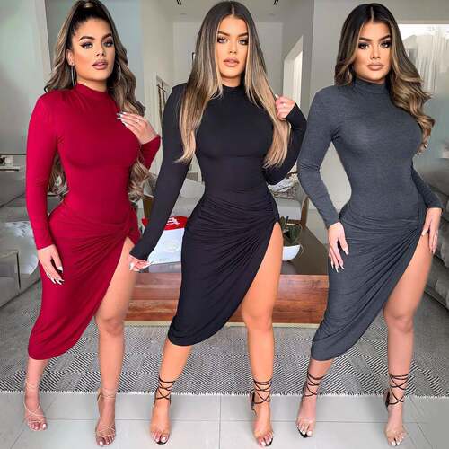 Women's Round Neck Long Sleeve Tee Dress Solid Crew Neck