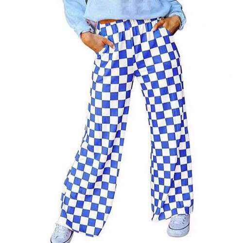 Womens Casual Checkered Pants Elastic Waist Comfy Loose Wide