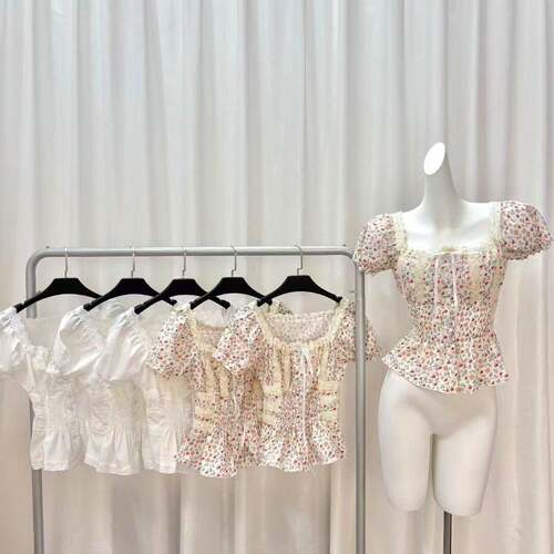 Lace Patchwork Bow Tie Round Neck Shirt Vintage Bubble Short