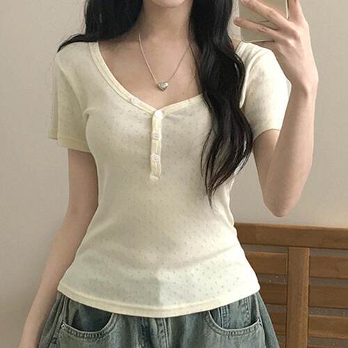 Women's Jacquard Button V Neck Tee Casual Short Sleeve