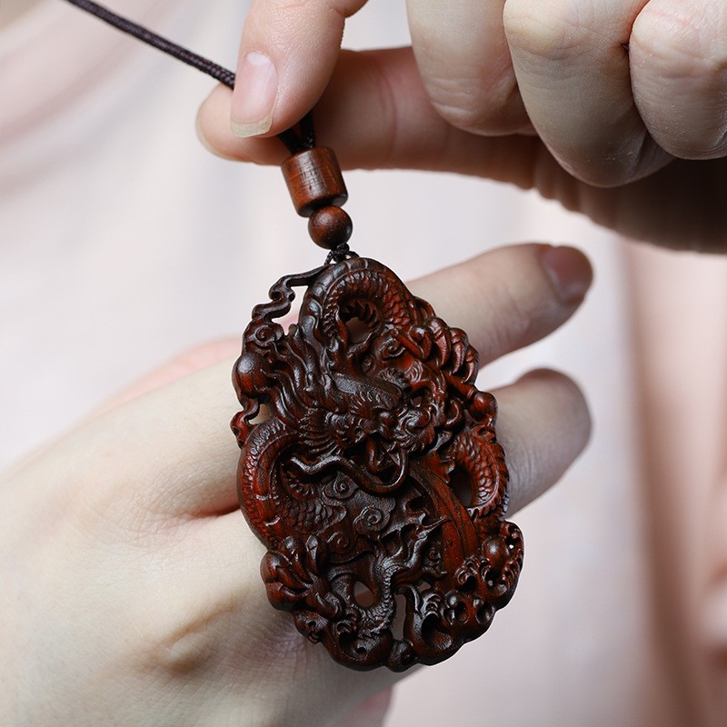 2026紫檀木双面镂空雕刻飞龙戏珠吊坠挂件男士中国风手把件文玩工