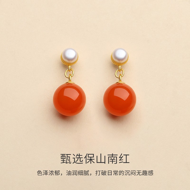 2026保山南红柿子红耳坠女款淡水珍珠满色双珠耳环新款小灵蛇耳饰
