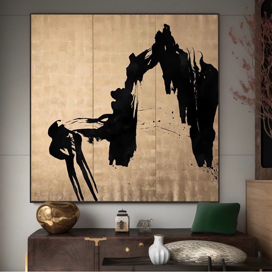 2026新中式高档手绘黑白肌理感油画酒店挂画样板房装饰画客厅玄关