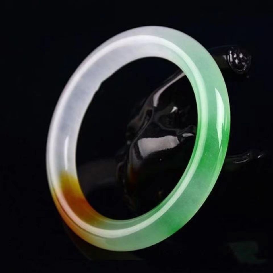 2026冰种三彩福禄寿玉手镯女款石英岩玉圆条三色玉镯翠绿色玉镯子