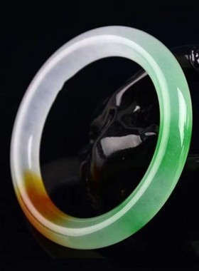 2026冰种三彩福禄寿玉手镯女款石英岩玉圆条三色玉镯翠绿色玉镯子