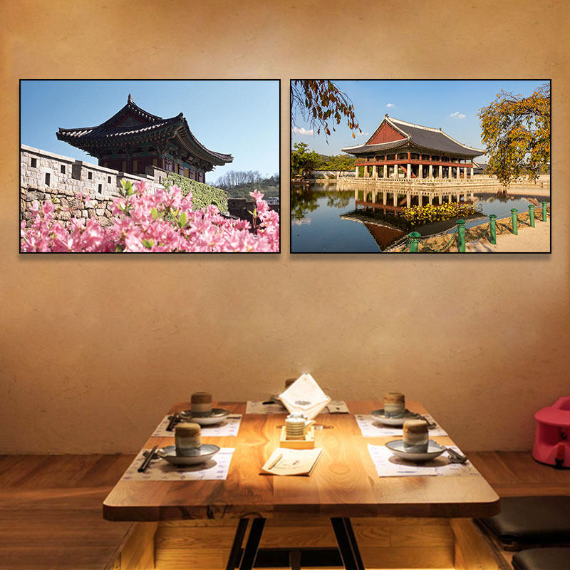 韩国首尔建筑装饰画樱花风景挂画韩式烤肉店料理餐厅饭店民宿壁画