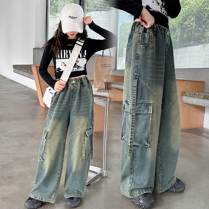 女童黑色工装裤女夏女生舒适潮服春季衣服潮童痞帅休闲裤学生潮流