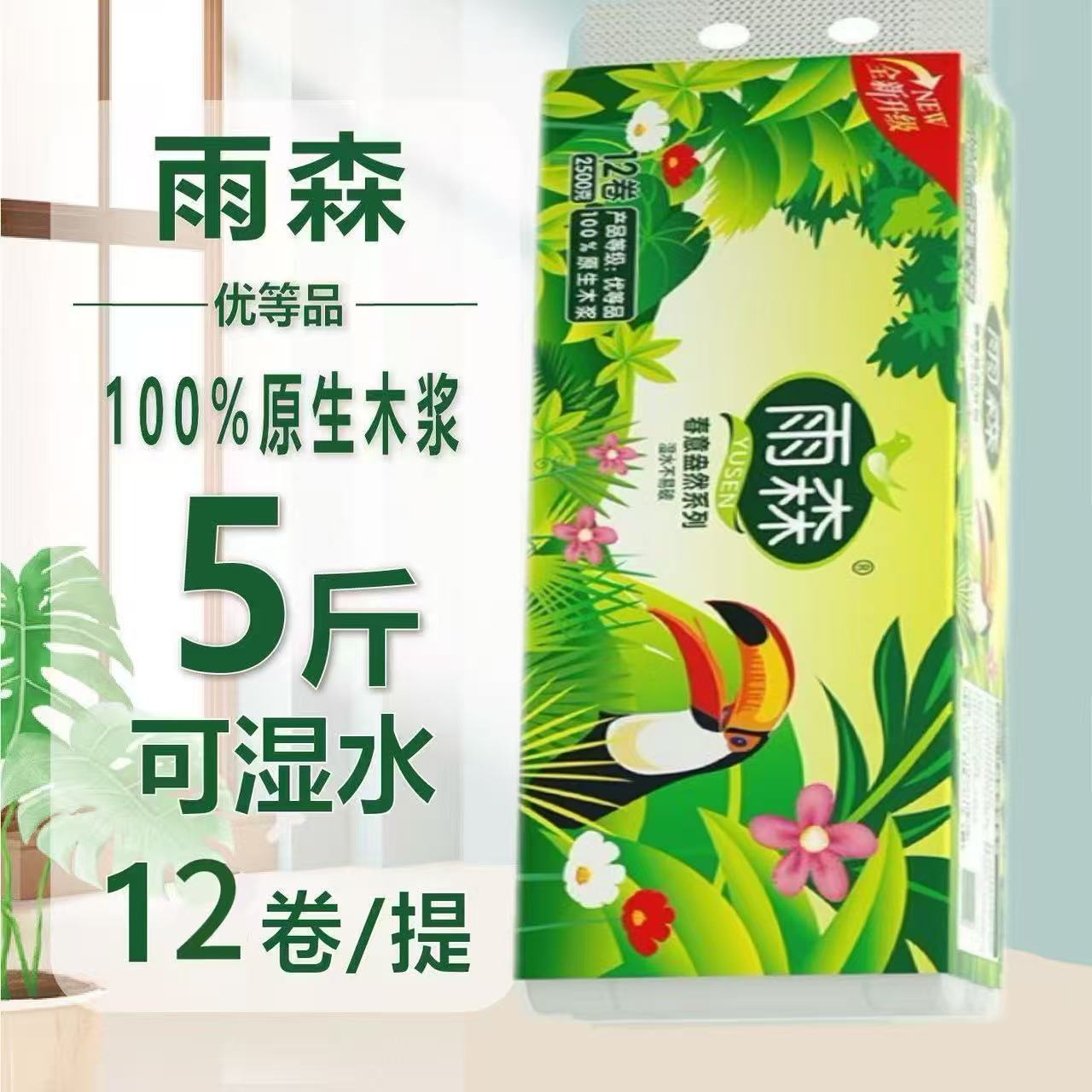 雨森春意盎然原生木浆5斤12卷装可湿水强韧细腻家用大卷卫生纸