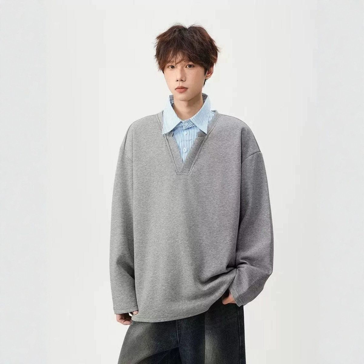 美式假两件长袖卫衣男款秋季潮牌休闲百搭POLO衫宽松衬衫领上衣