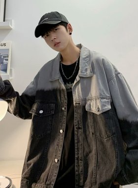 美式复古牛仔外套情侣春秋渐变水洗牛仔褂oersize工装夹克男