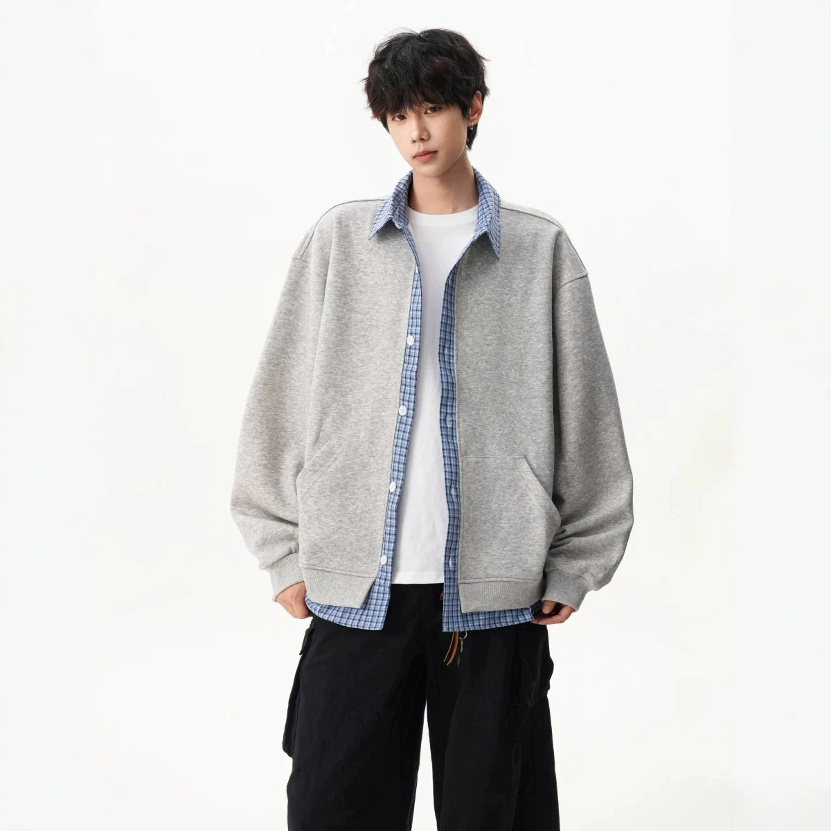 假两件格子拼接卫衣外套男款潮牌秋季美式宽松学院风痞帅夹克开衫