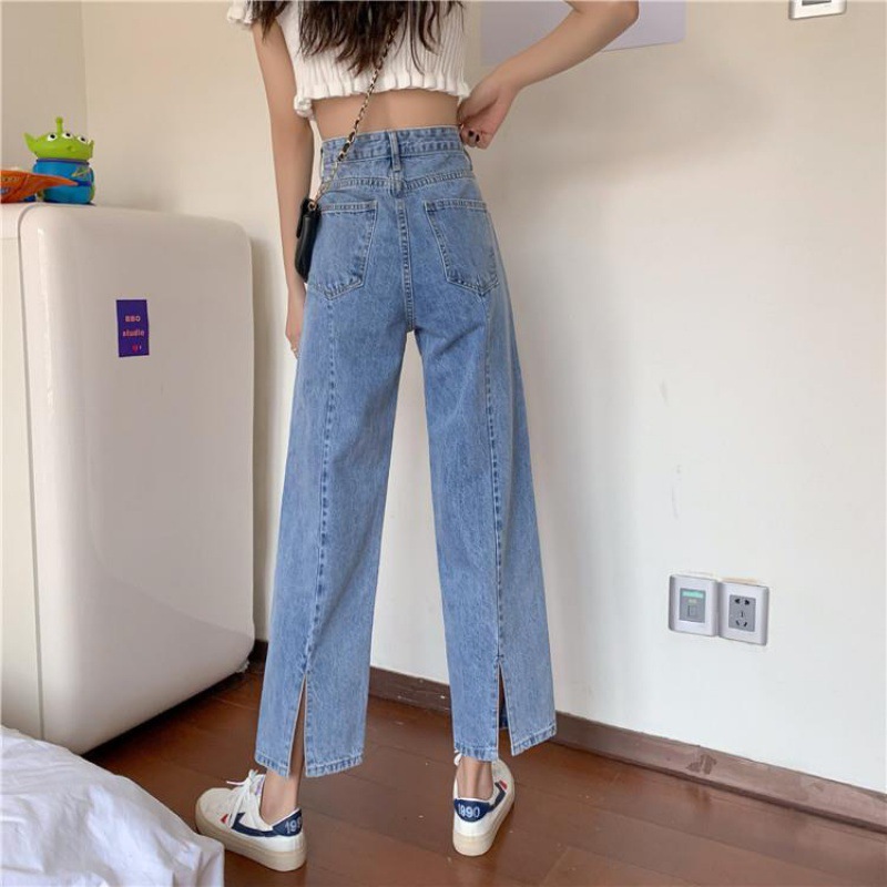 牛仔直筒九分裤女夏季百搭显瘦宽松浅色薄款夏开叉阔腿裤子潮