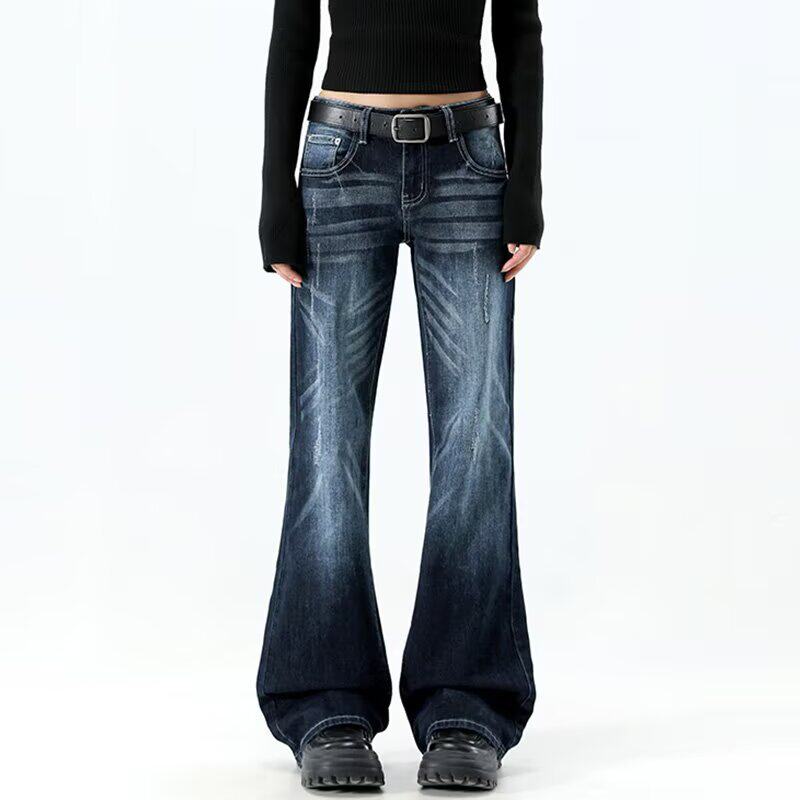 美式复古蓝灰色直筒微喇牛仔裤女大码春秋新款低腰修身显瘦马蹄裤