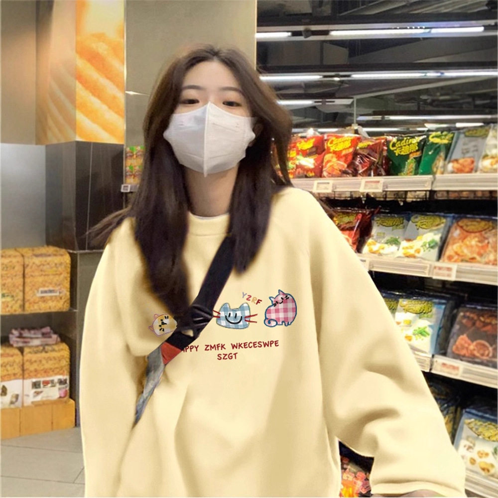 奶黄色银狐绒圆领卫衣女秋冬加绒加厚oversize小众设计感无帽